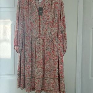 J. Jill Coral and Cream Paisley Long-Sleeve Tunic Dress
